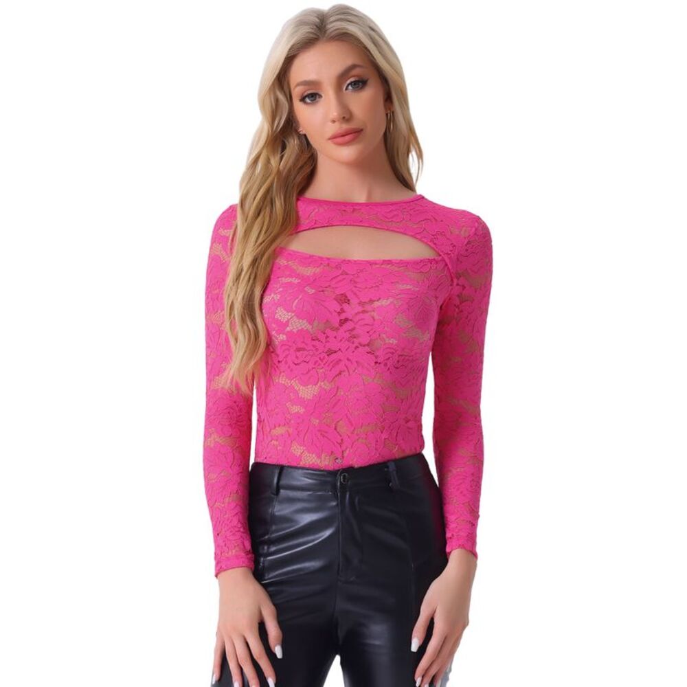 See Through Top Cut Out Long Sleeve Semi Sheer Fitted Lace Top Hot Pink
